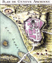 Pour zoom, Plan de Genève du temps des romains - gravure conservée et numérisée par la © BNF, restaurée numériquement par  © Norbert Pousseur