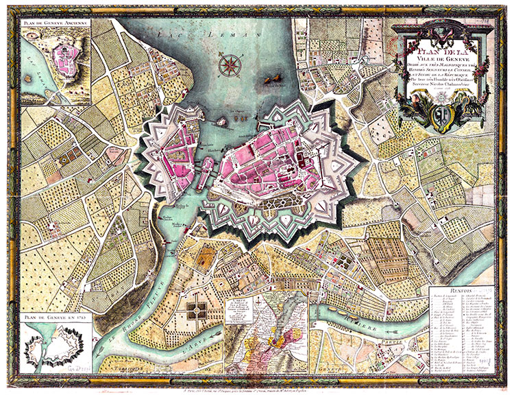 Plan de Genève en 1773 - gravure conservée et numérisée par la © BNF, restaurée numériquement par  © Norbert Pousseur