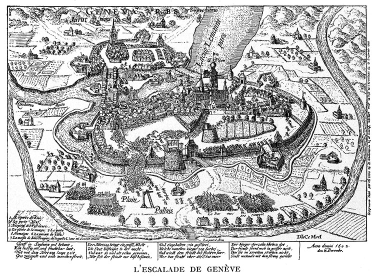 L'escalade de Genève en 1602r - gravure reproduite et restaurée numériquement par  © Norbert Pousseur