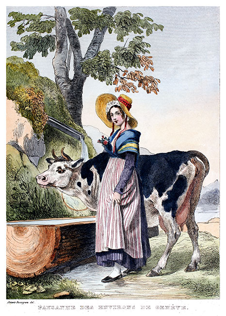 Paysanne des environs de Genève vers 1835 - gravure reproduite et restaurée numériquement par  © Norbert Pousseur