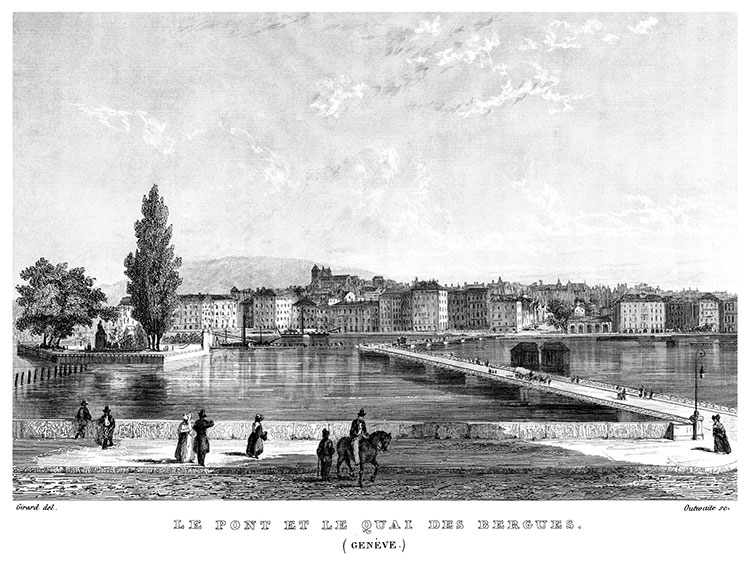 Le pont et le quai des Bergues de Genève vers 1835 - gravure reproduite et restaurée numériquement par  © Norbert Pousseur