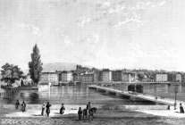 Pour zoom, Le pont et le quai des Bergues de Genève vers 1835 - gravure reproduite et restaurée numériquement par  © Norbert Pousseur