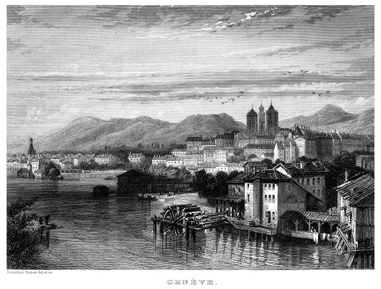 Genève vers 1860 avec une roue de moulin  - gravure reproduite et restaurée numériquement par  © Norbert Pousseur