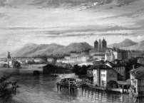Pour zoom, Genève vers 1860 avec une roue de moulin  - gravure reproduite et restaurée numériquement par  © Norbert Pousseur