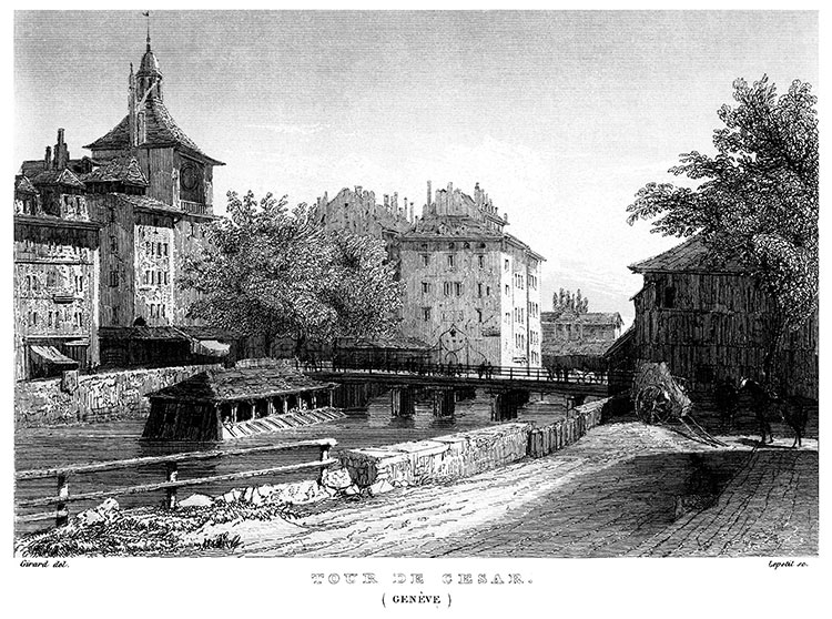 La tour de César de Genève vers 1855 - gravure reproduite et restaurée numériquement par  © Norbert Pousseur