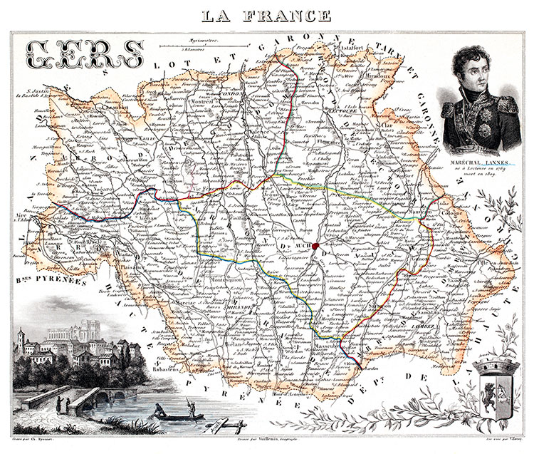 Carte du département du Gers en 1851 - gravure reproduite et restaurée numériquement par © Norbert Pousseur