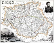 Zoom sur Carte du département du Gers en 1851 - gravure reproduite et restaurée numériquement par © Norbert Pousseur