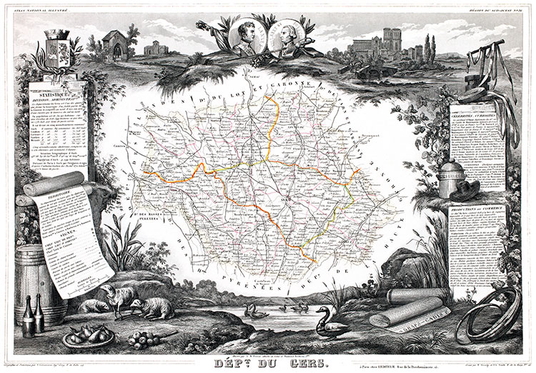 Carte par Levasseur du Gers en 1847 - gravure reproduite et restaurée numériquement par © Norbert Pousseur