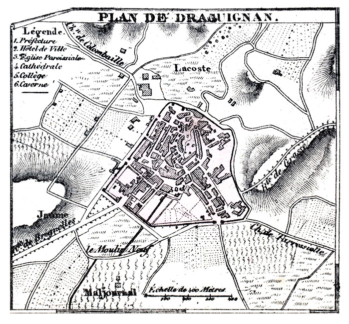 Plan de Draguignan vers 1850 - gravure reproduite et restaurée numériquement par © Norbert Pousseur
