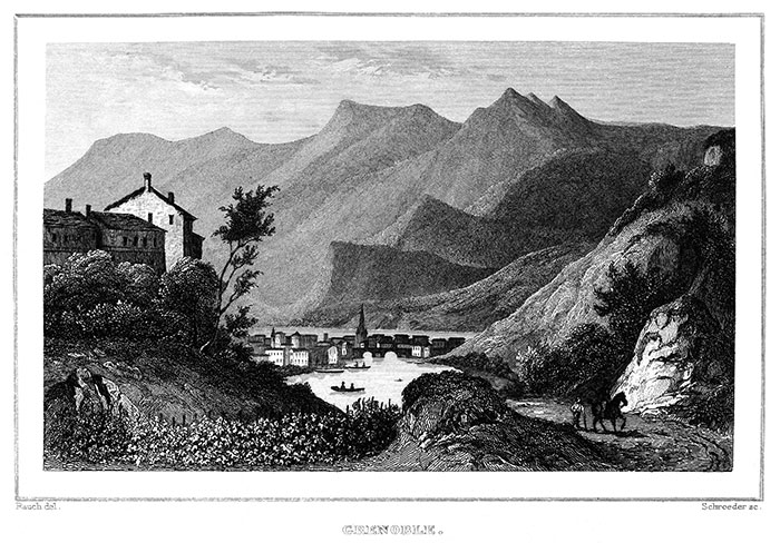 Grenoble vers 1830 par Rauch - gravure reproduite puis retouchée par  © Norbert Pousseur