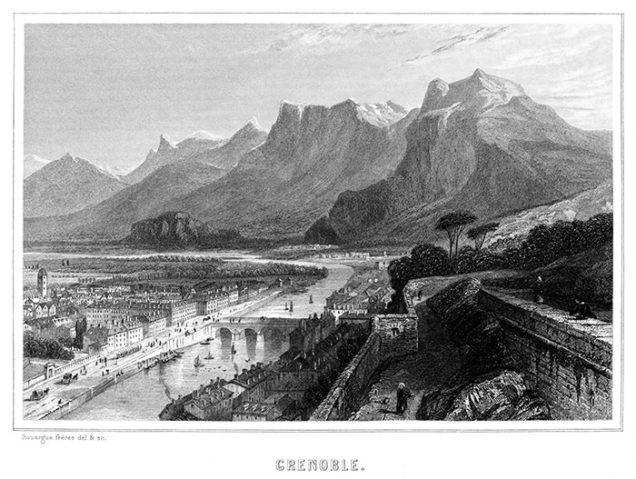 Grenoble vers 1855 par Rouargues - gravure reproduite et restaurée numériquement par © Norbert Pousseur