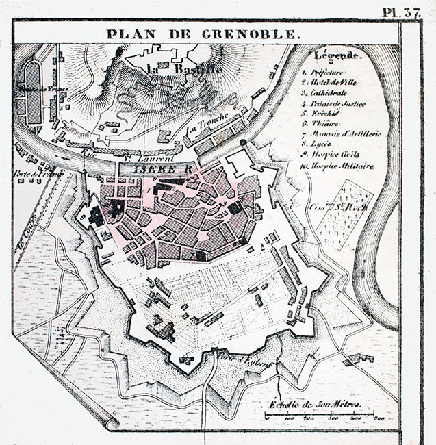 Plan de Grenoble par Malte-Brun vers 1850 - gravure reproduite puis retouchée par  © Norbert Pousseur