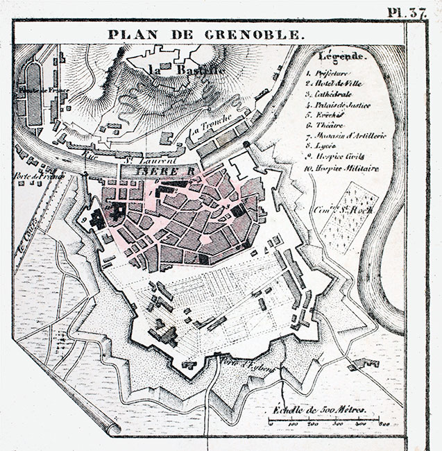 Plan de Grenoble par Malte-Brun vers 1850 - gravure reproduite et restaurée numériquement par © Norbert Pousseur