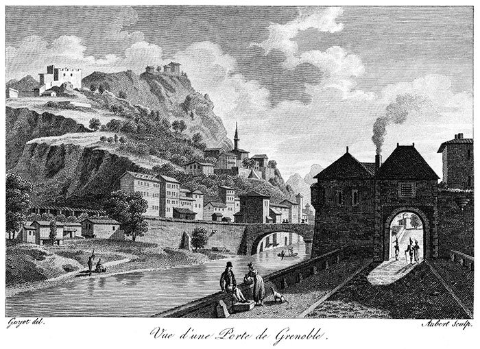 Une des portes de Grenoble vers 1825 - gravure de Guyot, reproduite puis retouchée par  © Norbert Pousseur