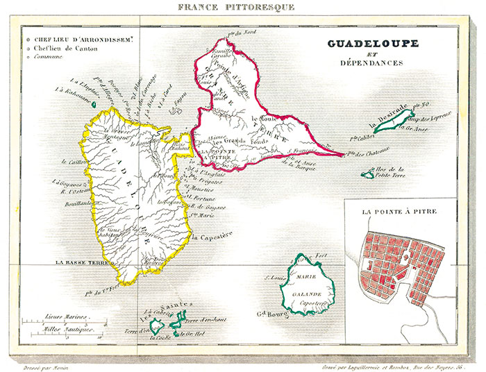 Carte de la Guadeloupe vers 1830 - reproduction © Norbert Pousseur