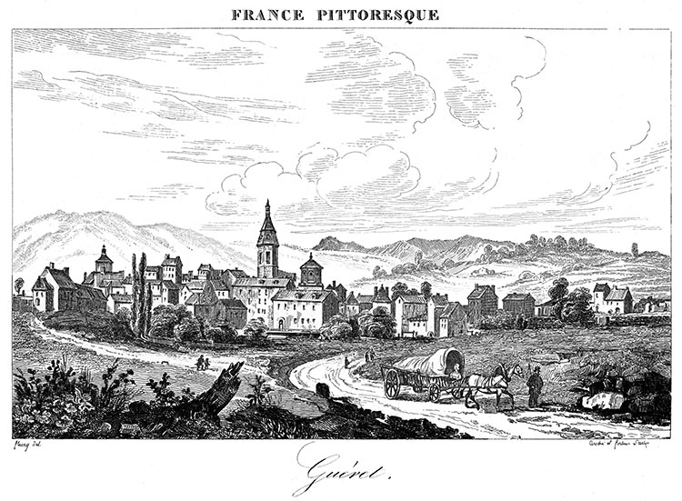 Vue générale de Guéret vers 1830,  - gravure reproduite et restaurée numériquement par © Norbert Pousseur