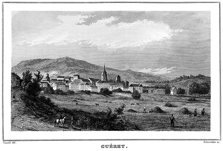 Guéret dans ses collines, vers 1830  - gravure reproduite et restaurée numériquement par © Norbert Pousseur