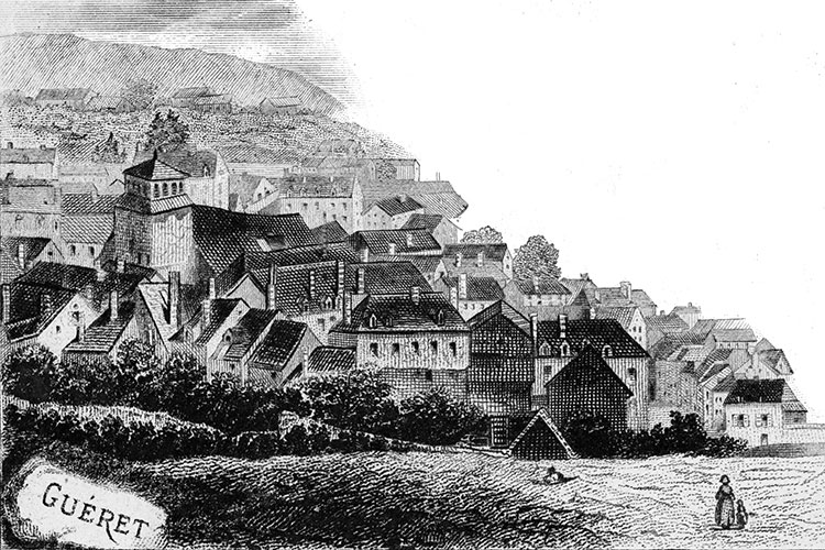 Gravure de la ville de Guéret, en 1883 - gravure reproduite et restaurée numériquement par © Norbert Pousseur