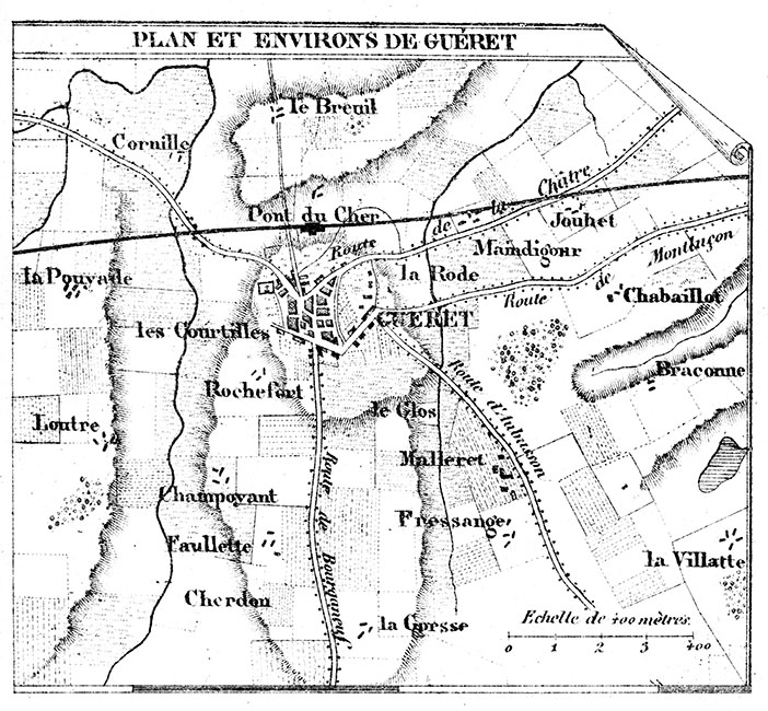 Plan de Guéret et de ses environs vers 1880 - gravure reproduite et restaurée numériquement par © Norbert Pousseur