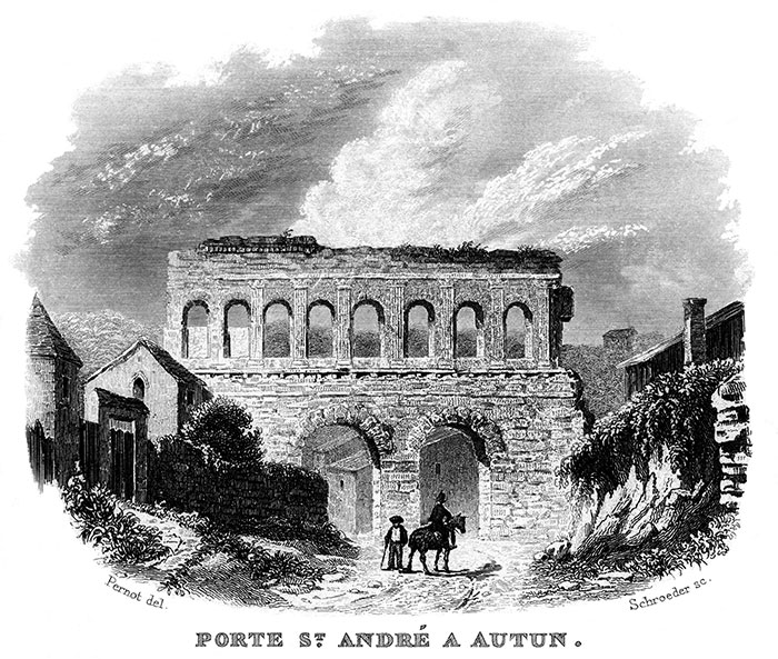 Porte St André d'Autun - Gravure de Pernot de 1834 reproduite puis restaurée par © Norbert Pousseur