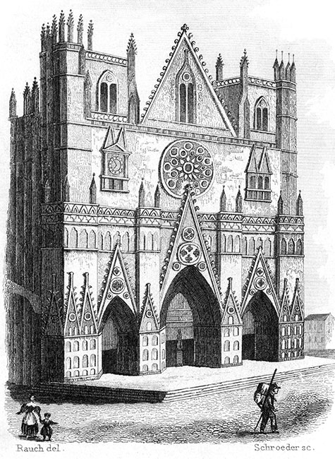 Façade de la cathédrale de Lyon avec colporteur - Gravure de 1834 reproduite puis restaurée par © Norbert Pousseur