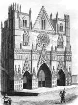 Façade de la cathédrale de Lyon avec colporteur - Gravure de 1834 reproduite puis restaurée par © Norbert Pousseur