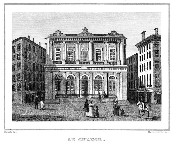 Loge du Change de Lyon - Gravure de 1834 reproduite puis restaurée par © Norbert Pousseur Loge du Change de Lyon - Gravure de 1834 reproduite puis restaurée par © Norbert Pousseur