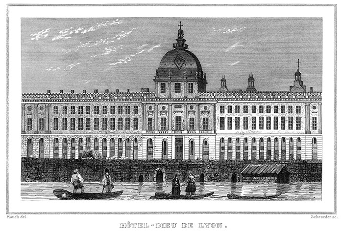 Hôtel-Dieu de Lyon - Gravure de 1834 reproduite puis restaurée par © Norbert Pousseur Hôtel-Dieu de Lyon - Gravure de 1834 reproduite puis restaurée par © Norbert Pousseur