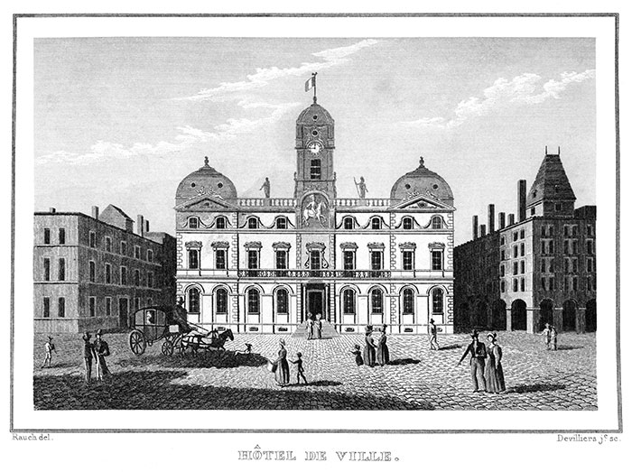 Façade de l'Hôtel de ville de Lyon - Gravure de 1834 reproduite puis restaurée par © Norbert Pousseur Façade de l'Hôtel de ville de Lyon - Gravure de 1834 reproduite puis restaurée par © Norbert Pousseur