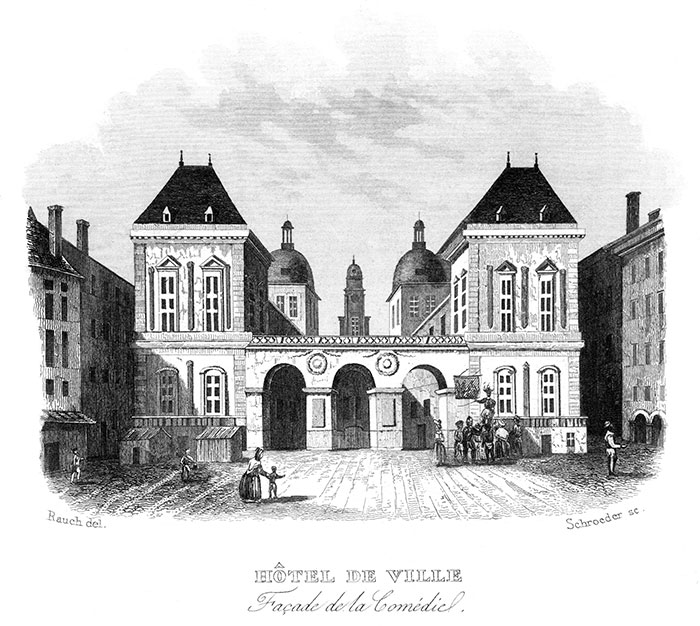 Façade de la Comédie de l'Hôtel de ville de Lyon - Gravure de 1834 reproduite puis restaurée par © Norbert Pousseur Façade de la Comédie de l'Hôtel de ville de Lyon - Gravure de 1834 reproduite puis restaurée par © Norbert Pousseur