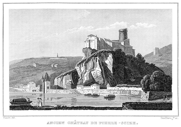 Château de Pierre-Scize à Lyon - Gravure de 1834 reproduite puis restaurée par © Norbert Pousseur Château de Pierre-Scize à Lyon - Gravure de 1834 reproduite puis restaurée par © Norbert Pousseur
