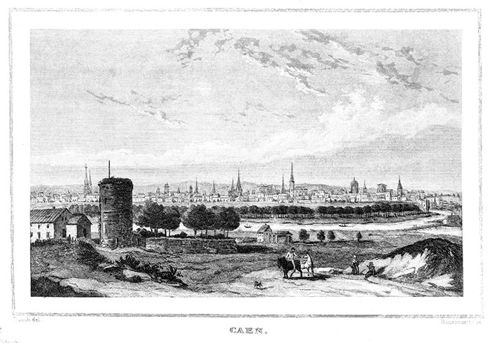 Caen vers 1830 - gravure d'un dessin de Charles Rauch, reproduite puis restaurée par © Norbert Pousseur