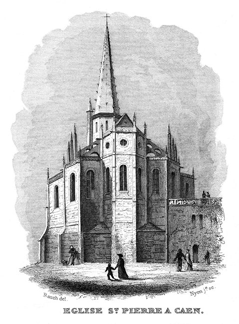 Eglise St Pierre à Caen - gravure de 1837 d'un dessin de Charles Rauch, reproduite puis restaurée par © Norbert Pousseur Eglise St Pierre à Caen - gravure de 1837 d'un dessin de Charles Rauch, reproduite puis restaurée par © Norbert Pousseur
