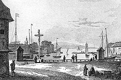 Pour zoom,Honfleur et son port vers 1835 par Rauch - gravure reproduite et restaurée par © Norbert Pousseur 