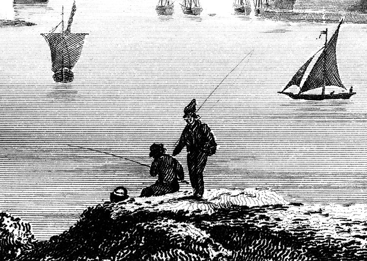 Pêcheurs à la ligne à Marseille - gravure de Rauch,  reproduite et restaurée par © Norbert Pousseur