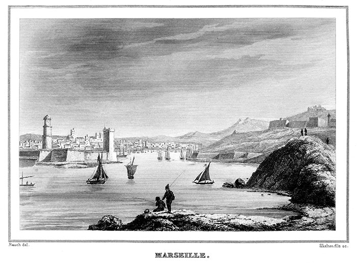 La ville de Marseille et son port vers 1830 - gravure de Rauch,  reproduite et restaurée par © Norbert Pousseur