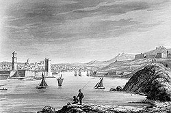 Pour zoom, La ville de Marseille et son port vers 1830 - gravure de Rauch,  reproduite et restaurée par © Norbert Pousseur
