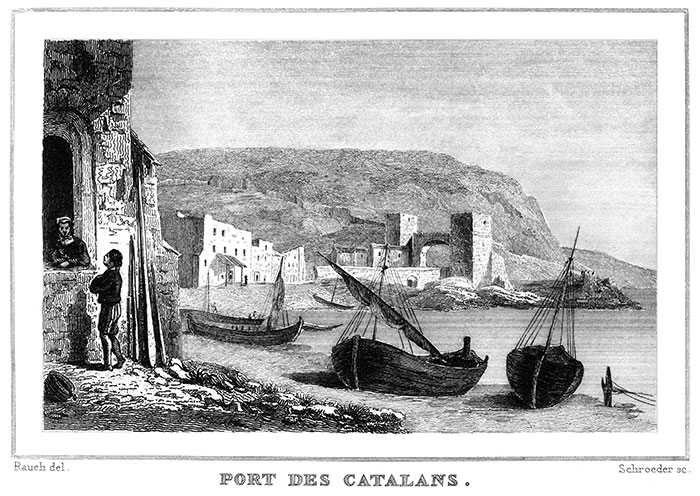 Le port des Catalans de Marseille vers 1830 - gravure de Rauch,  reproduite et restaurée par © Norbert Pousseur