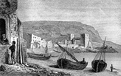Pour zoom, Le port des Catalans de Marseille vers 1830 - gravure de Rauch,  reproduite et restaurée par © Norbert Pousseur