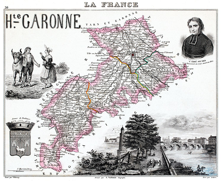 Carte du département de la Haute Garonne en 1851 - gravure reproduite et restaurée numériquement par © Norbert Pousseur