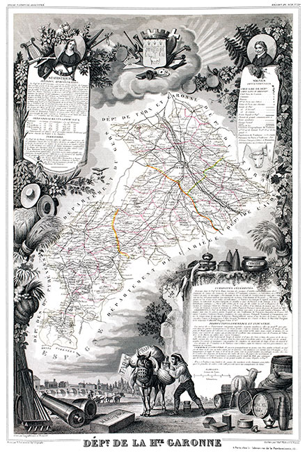 Carte par Levasseur de la Haute Garonne en 1847 - gravure reproduite et restaurée numériquement par © Norbert Pousseur