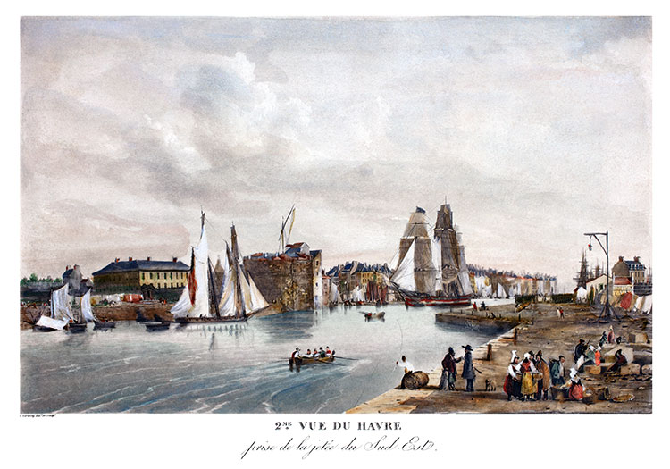 Pour zoom : La Jetée sud-est du Havre vers 1830, par Ambroise Louis Garneray - gravure reproduite puis restaurée numériquement par © Norbert Pousseur