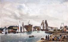 Pour zoom, La Jetée sud-est du Havre vers 1830, par Ambroise Louis Garneray - gravure reproduite puis restaurée numériquement par © Norbert Pousseur