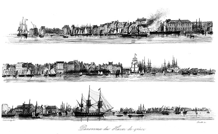 Panoramas du Havre depuis la mer, vers 1830 - gravure reproduite puis restaurée numériquement par © Norbert Pousseur