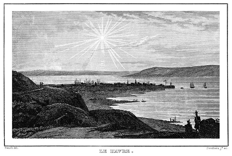 Vue générale du Havre, depuis la côte vers 1835 - gravure reproduite puis restaurée numériquement par © Norbert Pousseur