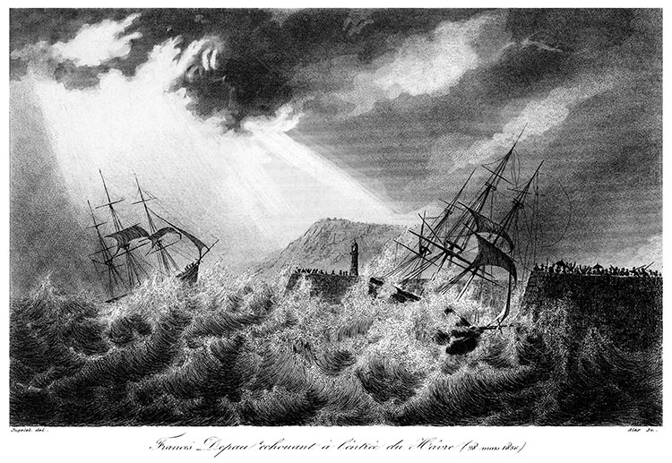 Navire Francis Depau sur mer démontée au port du Havre en 1836 - gravure reproduite puis restaurée numériquement par © Norbert Pousseur