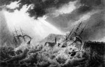 Pour zoom, Navire Francis Depau sur mer démontée au port du Havre en 1836 - gravure reproduite puis restaurée numériquement par © Norbert Pousseur