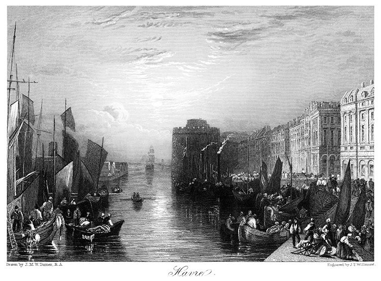Quais du port du Havre vers 1850, par J.M.W. Turner  - gravure reproduite puis restaurée numériquement par © Norbert Pousseur