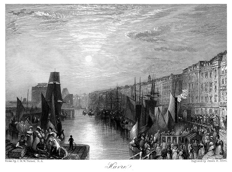 Les quais du port du Havre vers 1850 sous le soleil voilé, parJ.M.W. Turner - gravure reproduite puis restaurée numériquement par © Norbert Pousseur