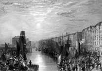 Pour zoom, Les quais du port du Havre vers 1850 sous le soleil voilé, parJ.M.W. Turner - gravure reproduite puis restaurée numériquement par © Norbert Pousseur